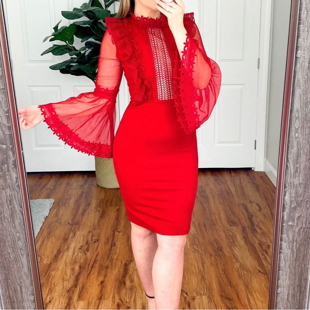 Red knee length dress, bell sleeves, form fitting, size L